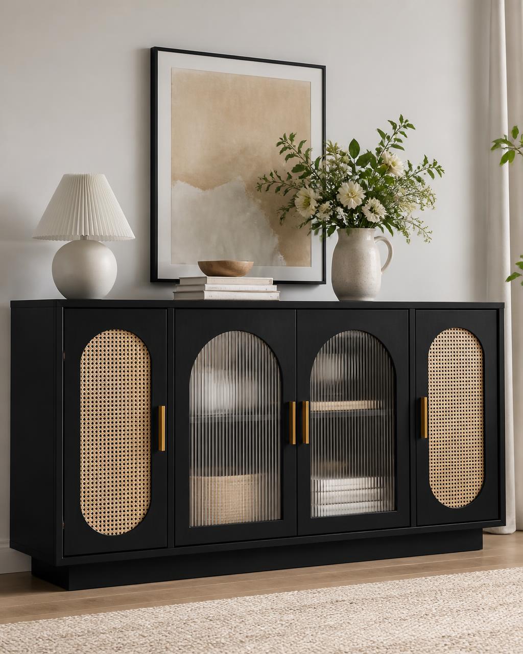 Buffet Cloe Preto com Vidro Canelado